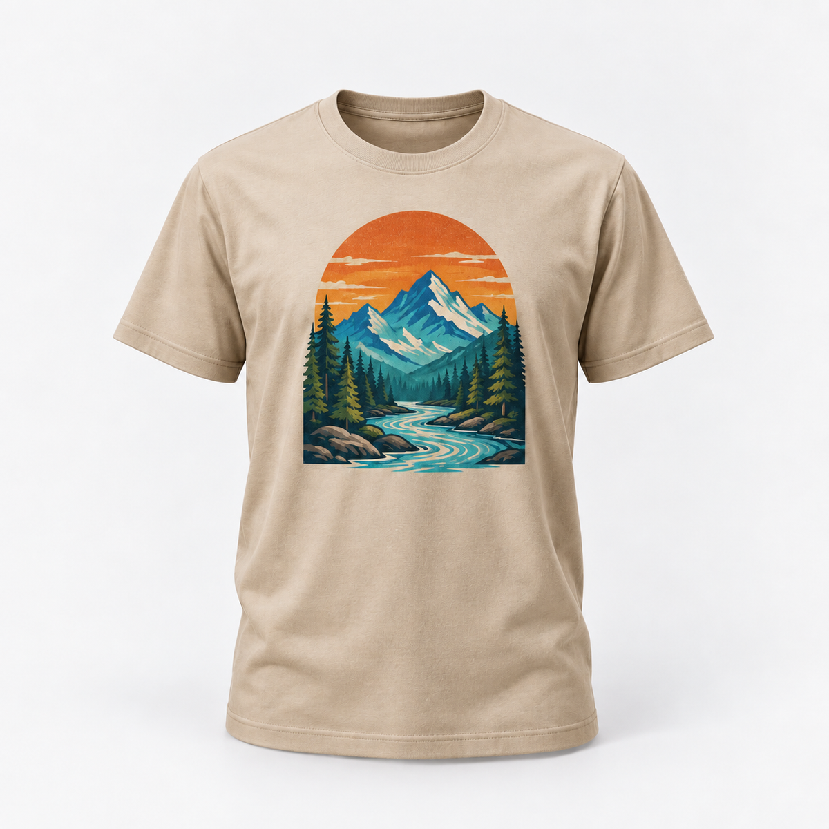 Beige cotton T-shirt with a colorful mountain, forest, and sunset print