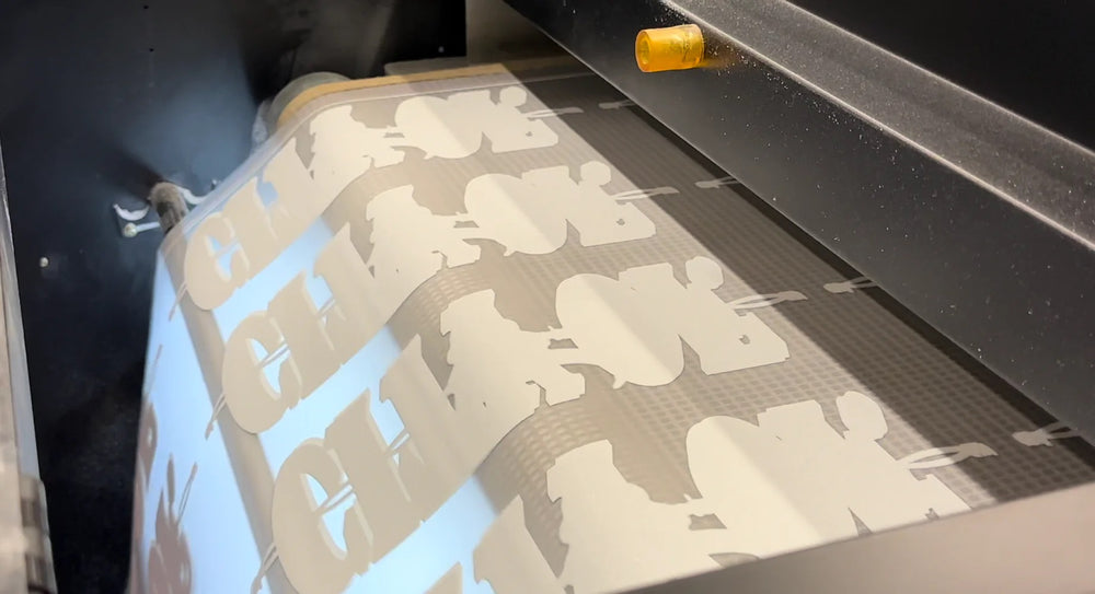 Printed transfer film passing through the curing stage.