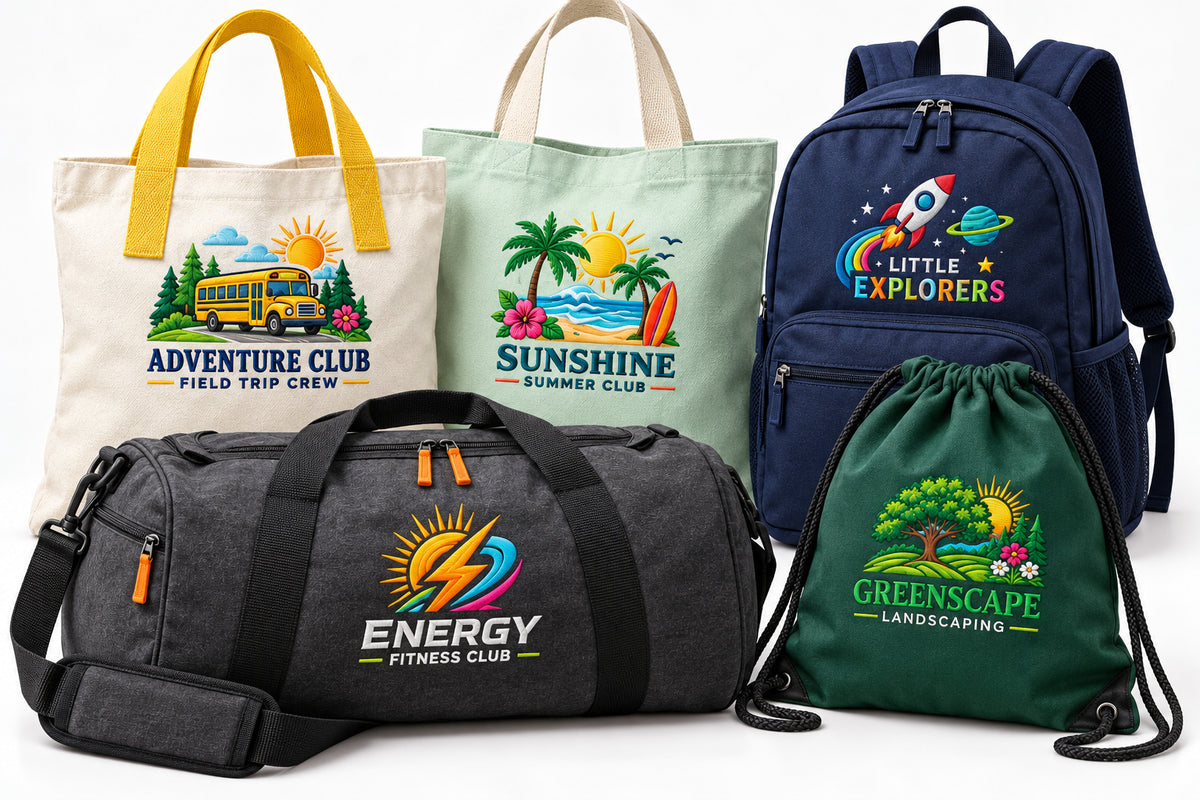Tote bags, a backpack, a gym bag, and a drawstring bag with colorful embroidery