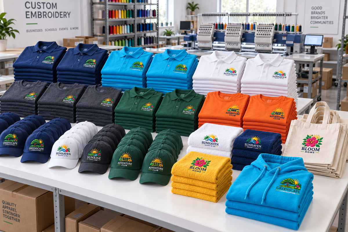A large organized bulk order of embroidered shirts, hats, towels, and bags