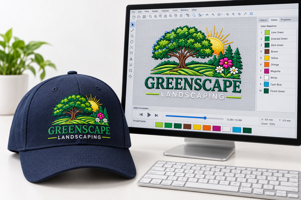An embroidered navy hat beside a computer showing the matching design in digitizing software
