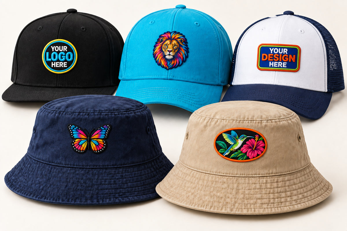 Three embroidered caps and two bucket hats with small colorful designs