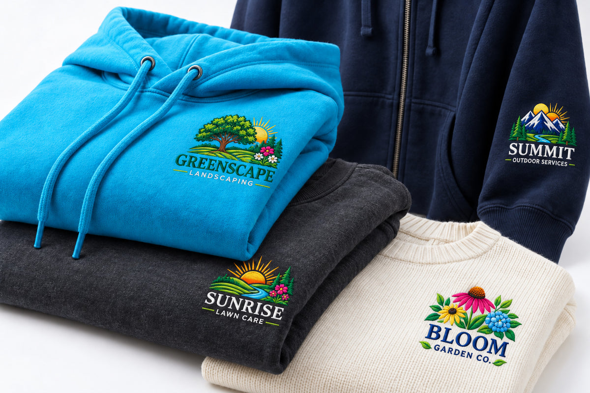Hoodies and a knit sweater with colorful landscaping business embroidery