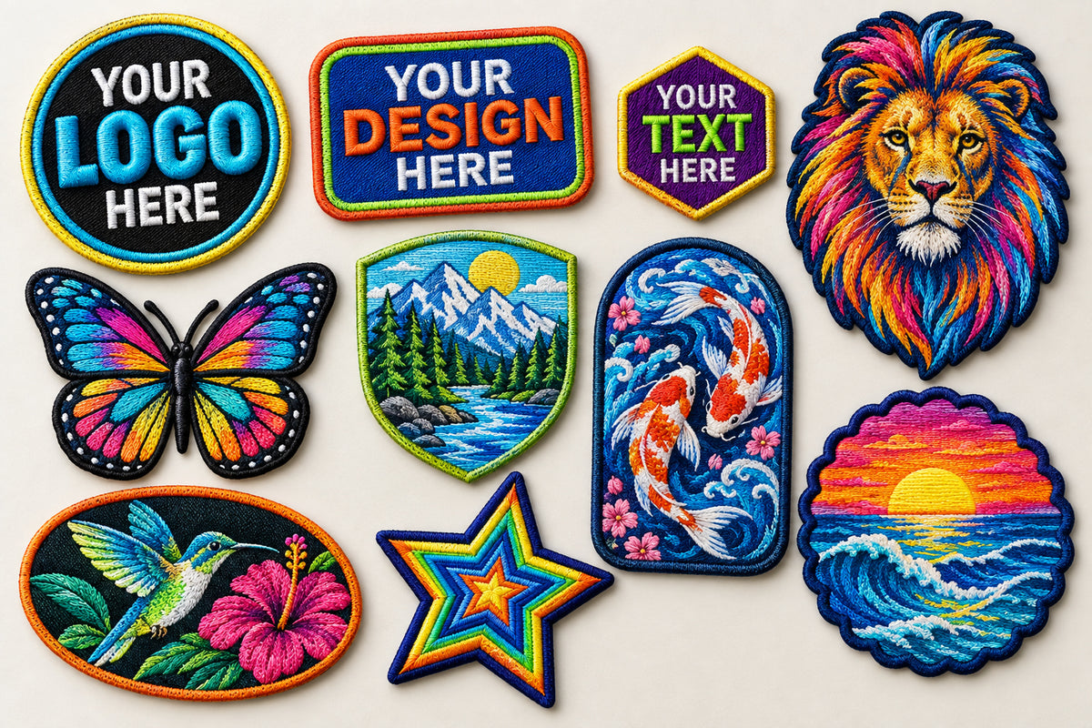 Ten embroidered patches in varied shapes with animals and custom logo examples