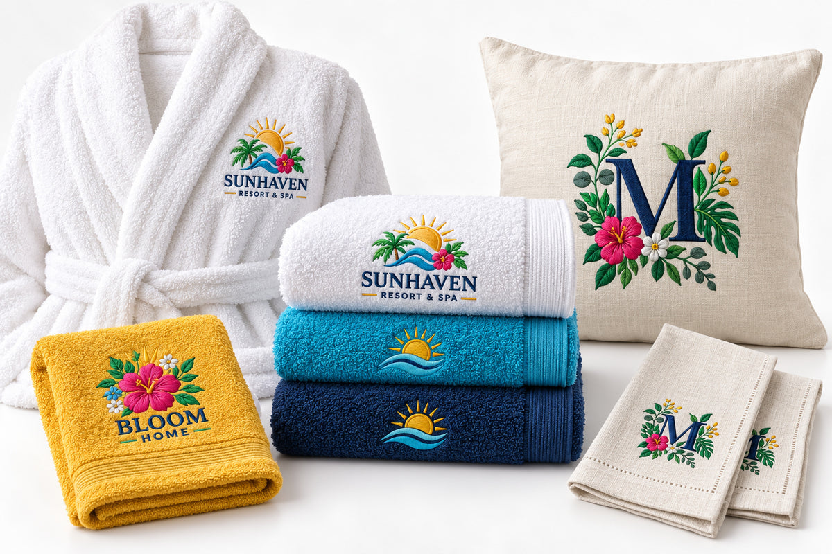 Embroidered towels, a white bathrobe, cushion, and linen napkins