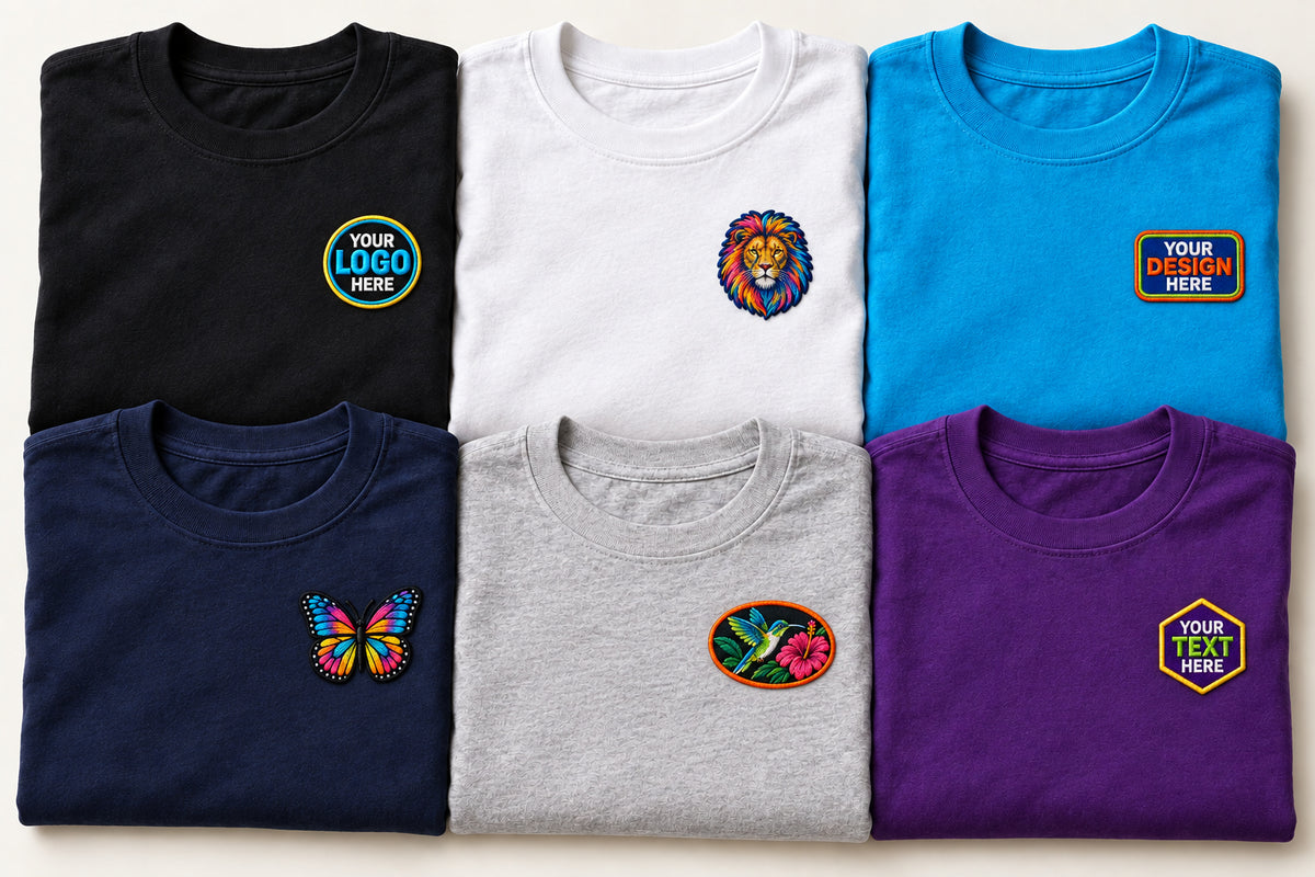 Six folded shirts with small colorful left-chest embroidery