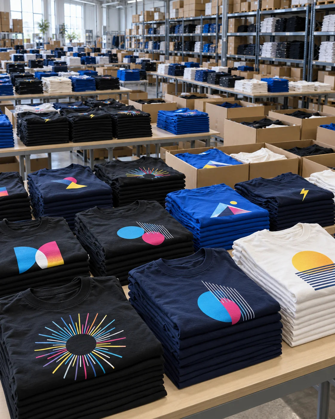 Illustration of a bulk apparel run with rows of folded printed shirts, packing tables and shelves of garments.
