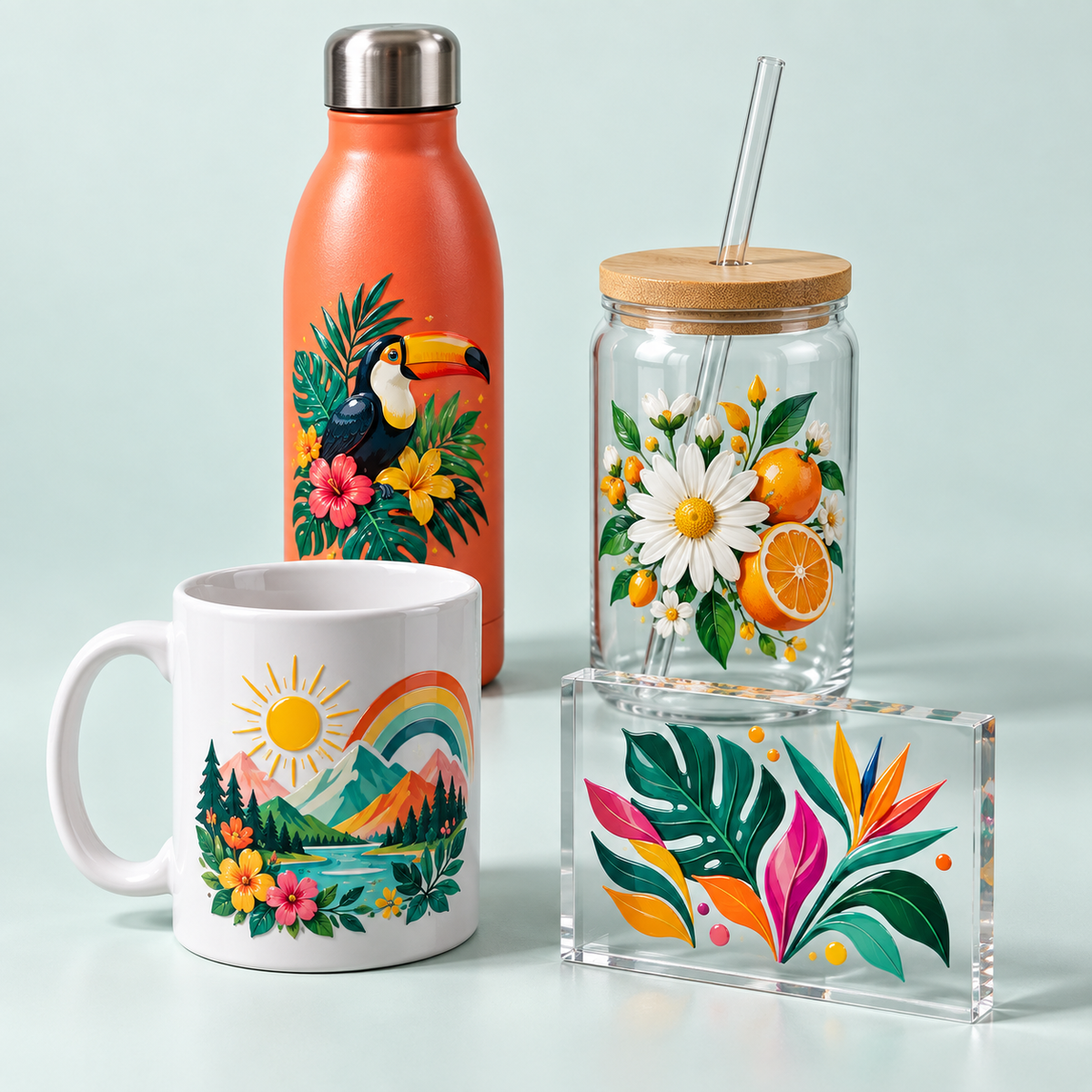 Colorful UV DTF design examples on a coated bottle, glass tumbler, ceramic mug, and acrylic plaque.